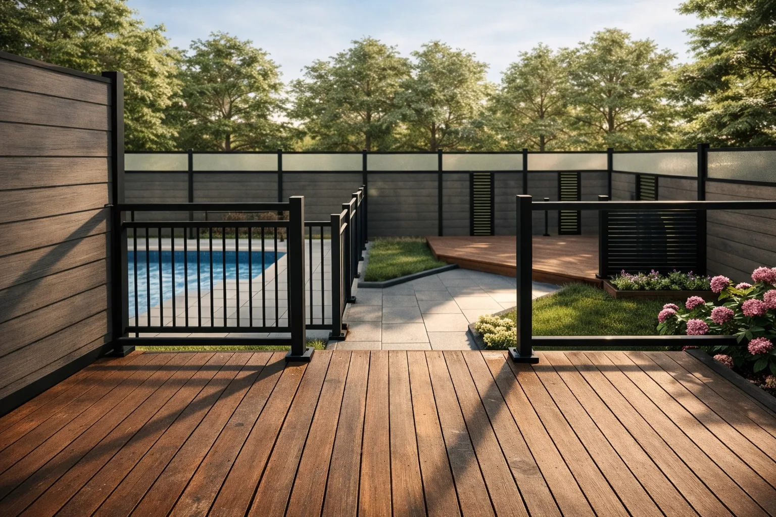 Terrasse UDeck en composite avec garde-corps en aluminium noir, donnant sur une piscine et un jardin aménagé