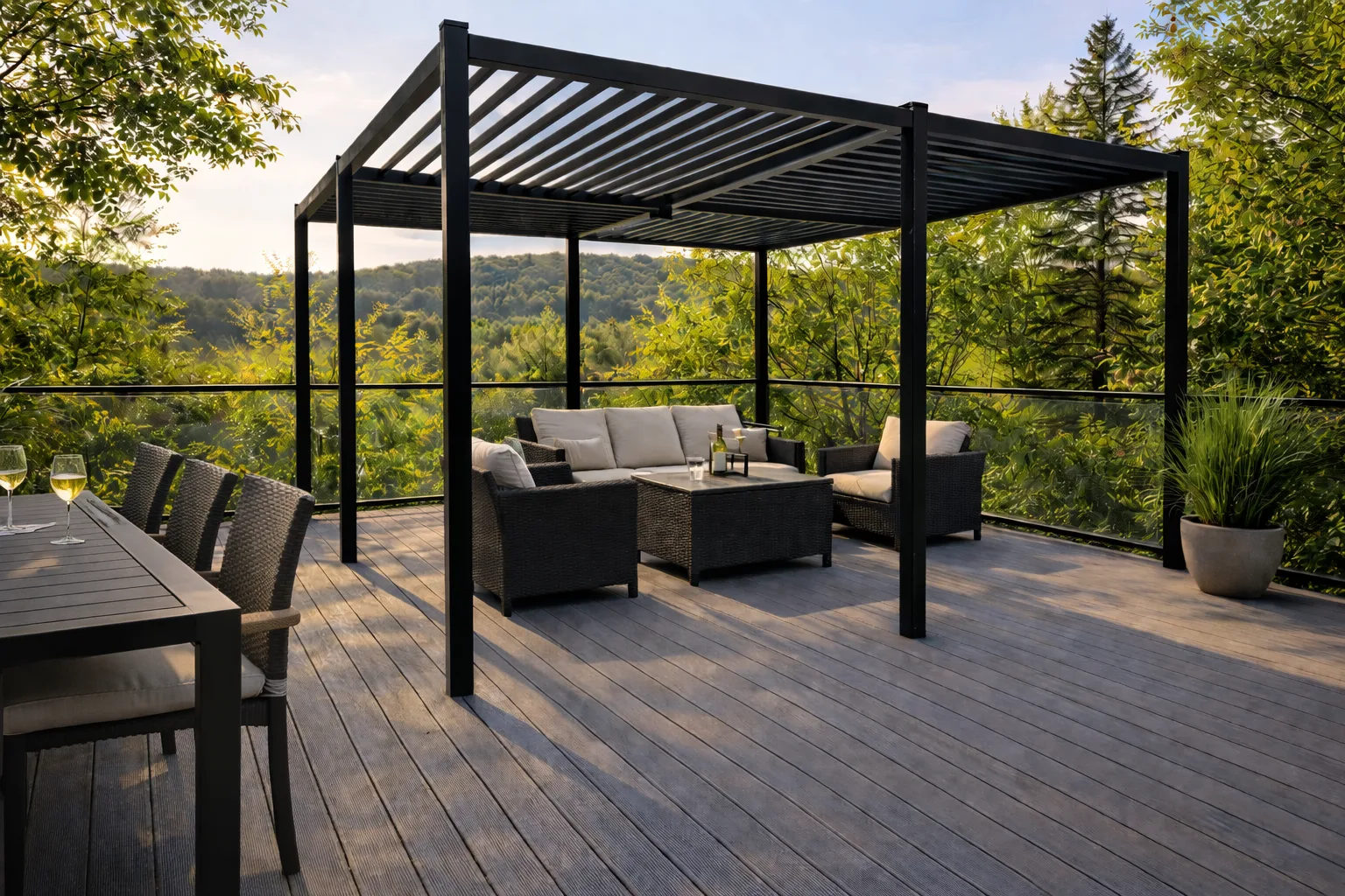 Black aluminum UPergolas pergola on a wooden terrace overlooking a forested valley